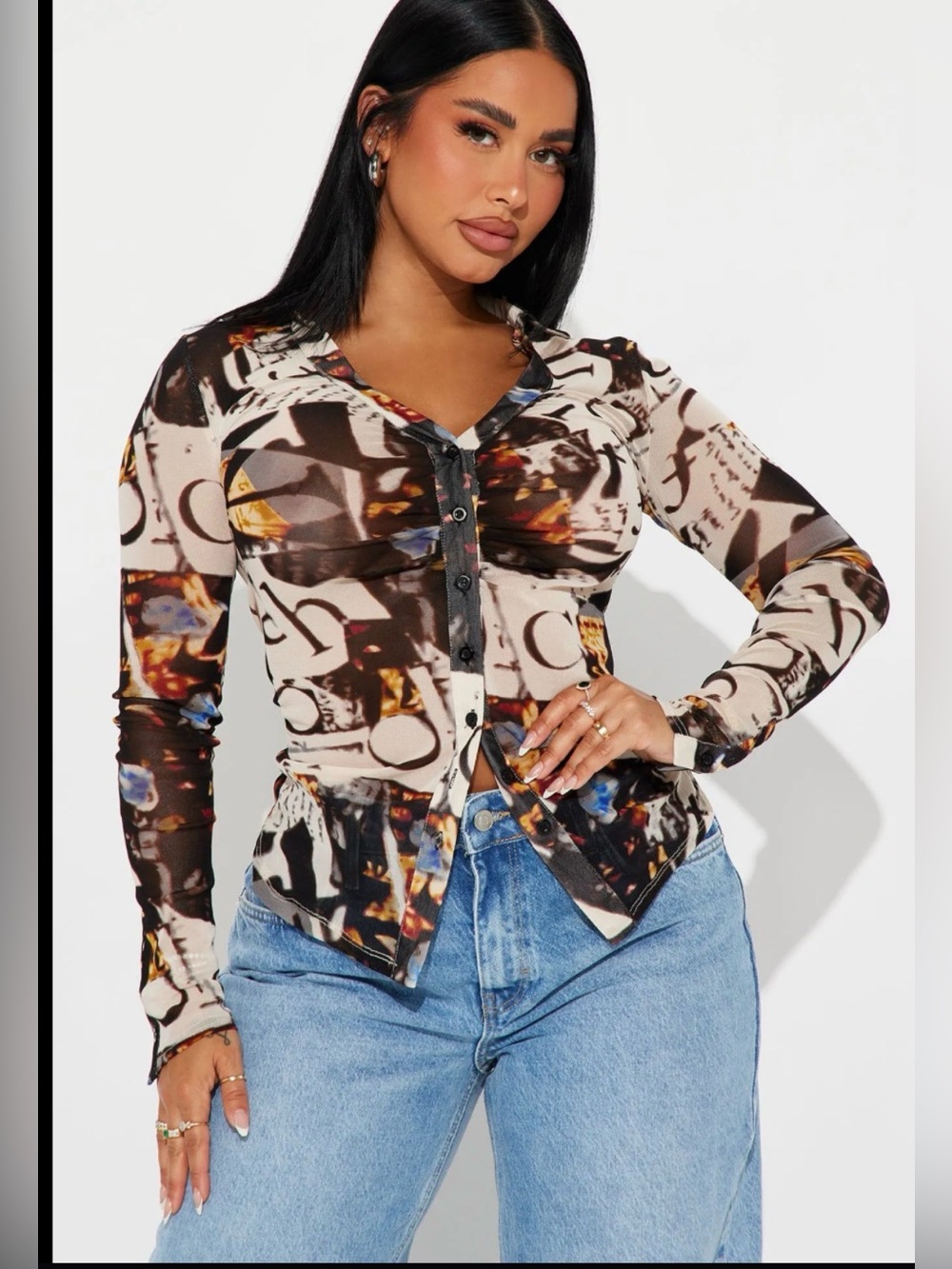 Fashion Nova Sheer Abstract Print Button-Front Top in Black, Cream, Blue, Orange